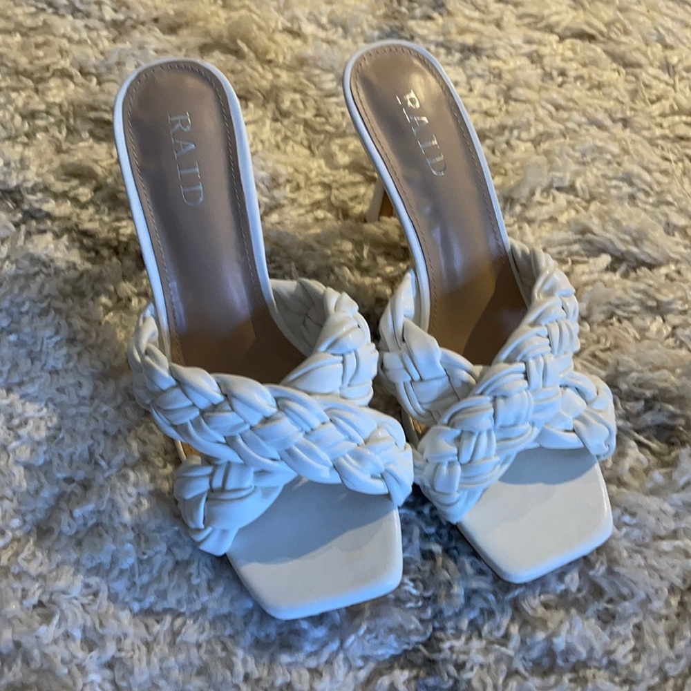 ASOS white braided heels.
